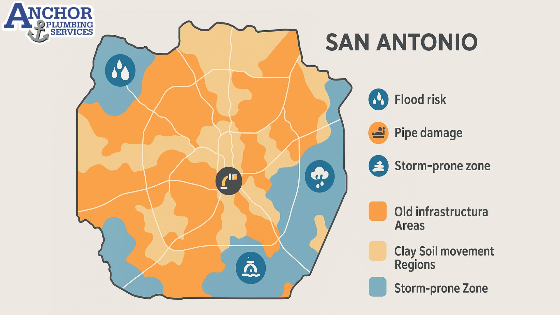 Map of San Antonio showing areas prone to sewer backups due to old pipes and soil issues.
