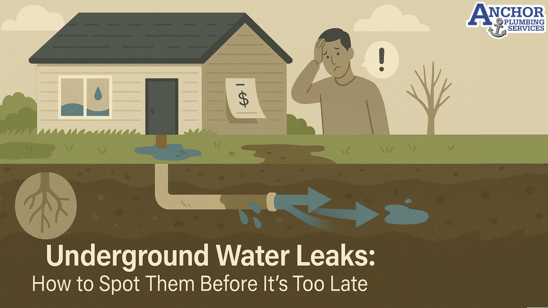 Banner showing water leak under a house’s foundation with wet soil and leaking pipe.