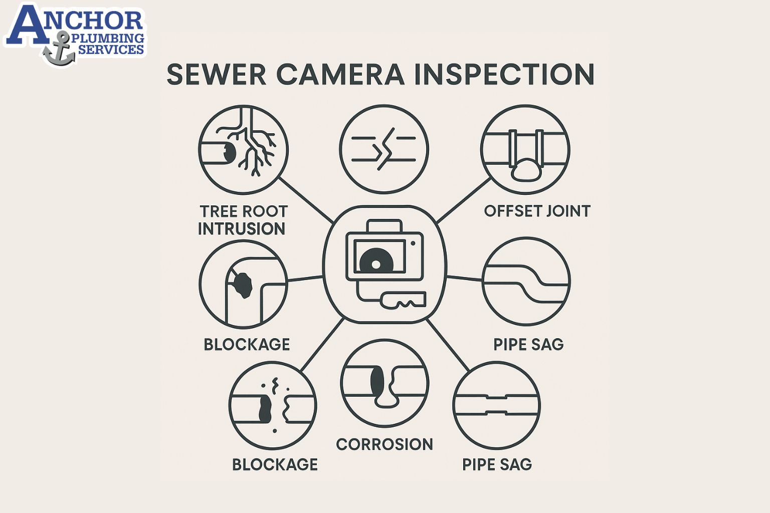 Infographic showing problems detected by a sewer camera with icons and labels.