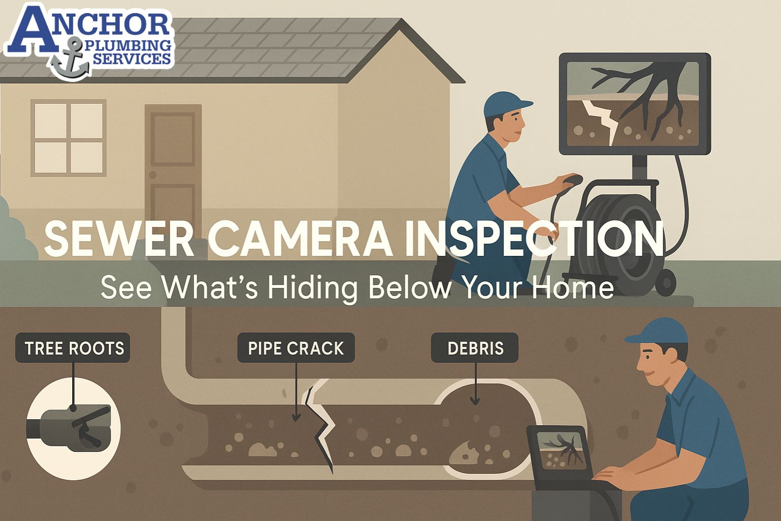 Cutaway home with underground sewer camera inspection in progress and visible pipe damage.