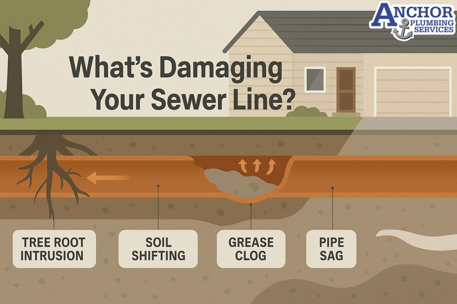 Illustration of underground sewer line with damage causes including roots and soil shifting.