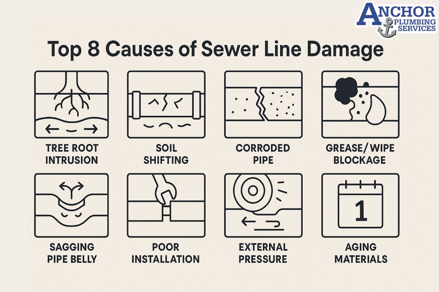 Infographic showing icons for 8 causes of sewer line damage.