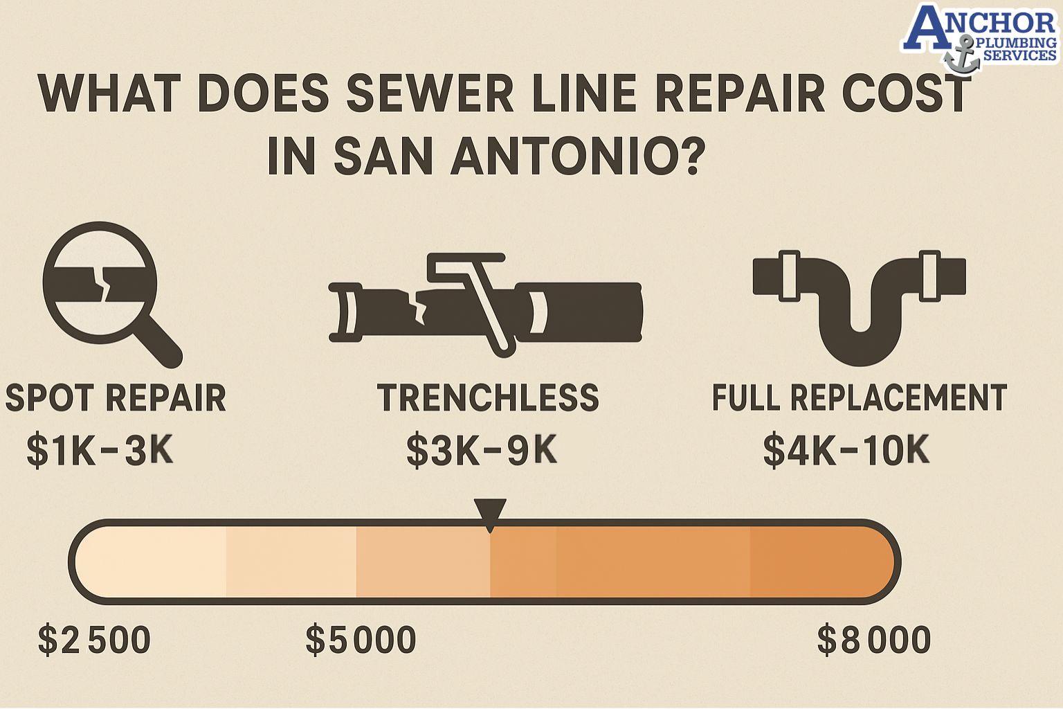 Sewer line repair cost range infographic showing spot repair, trenchless, and full replacement options.