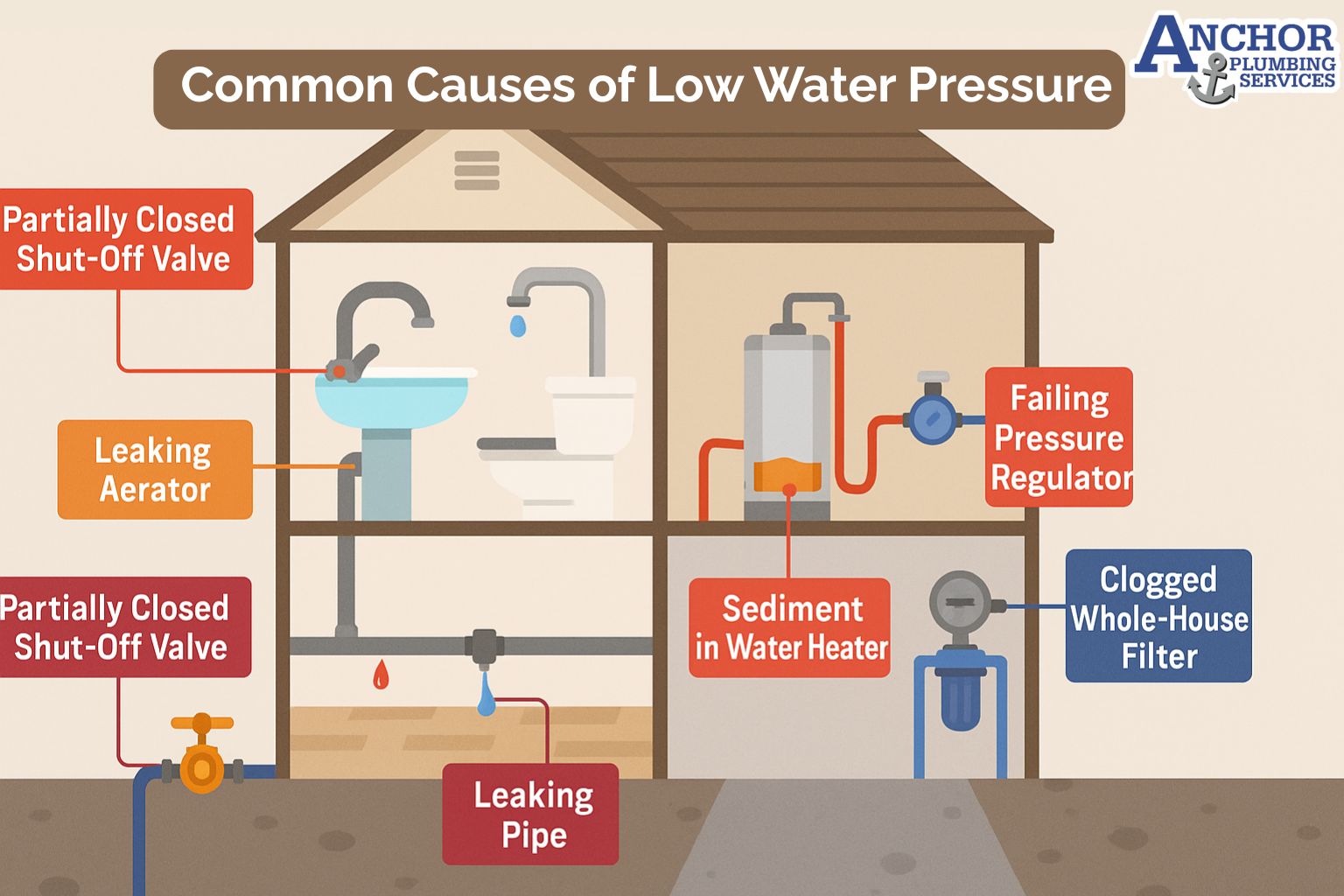 Diagram showing common causes of low water pressure in a home.