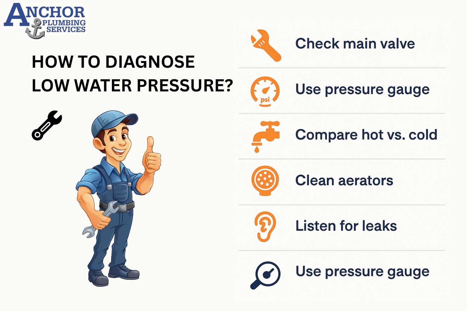 Step-by-step diagnostic infographic for water pressure problems.