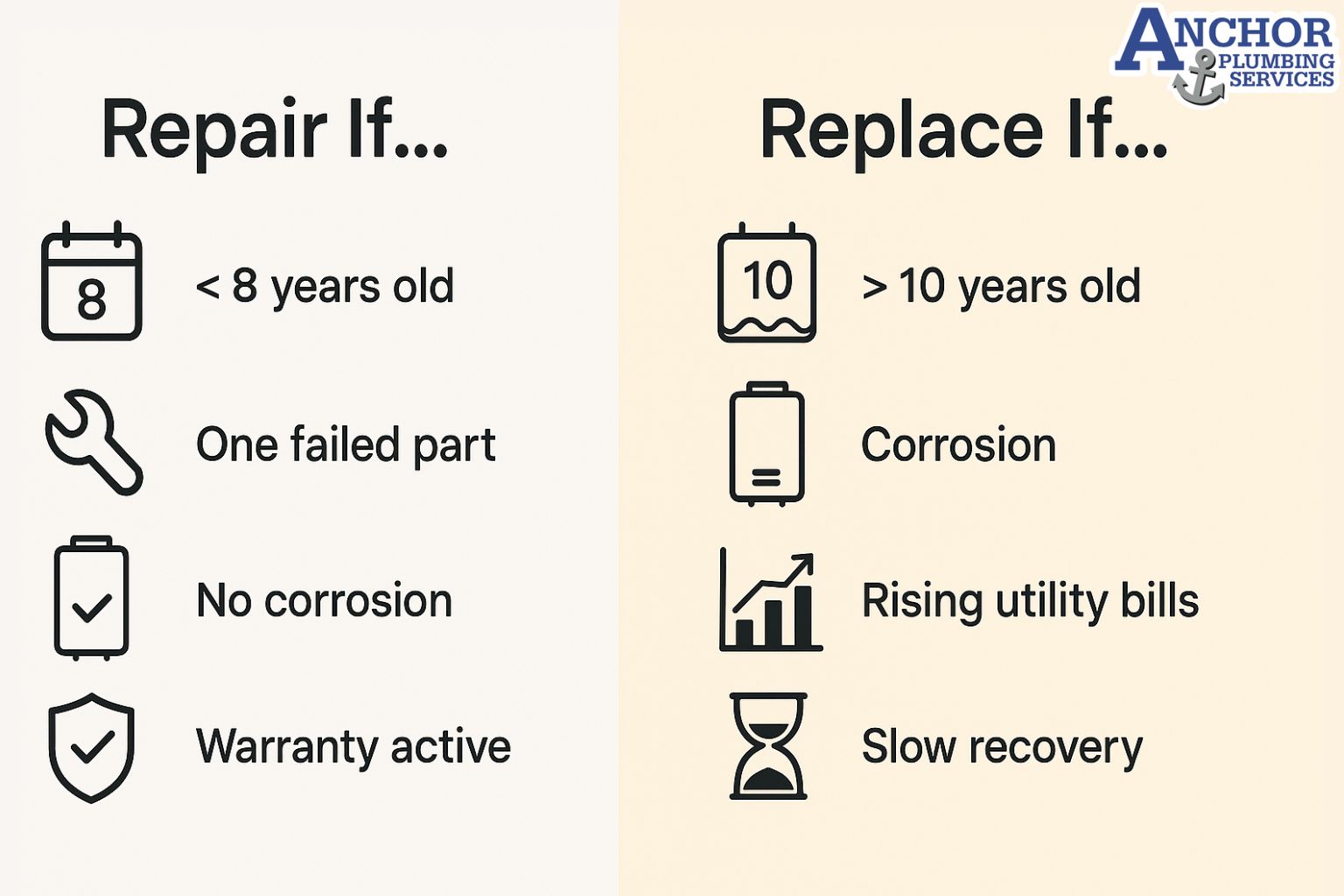 Decision checklist comparing when to repair or replace a water heater.