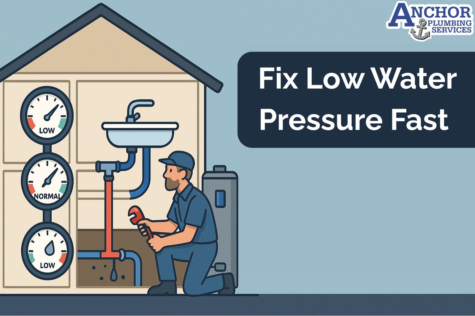 Banner image showing plumber restoring water pressure in a residential home.