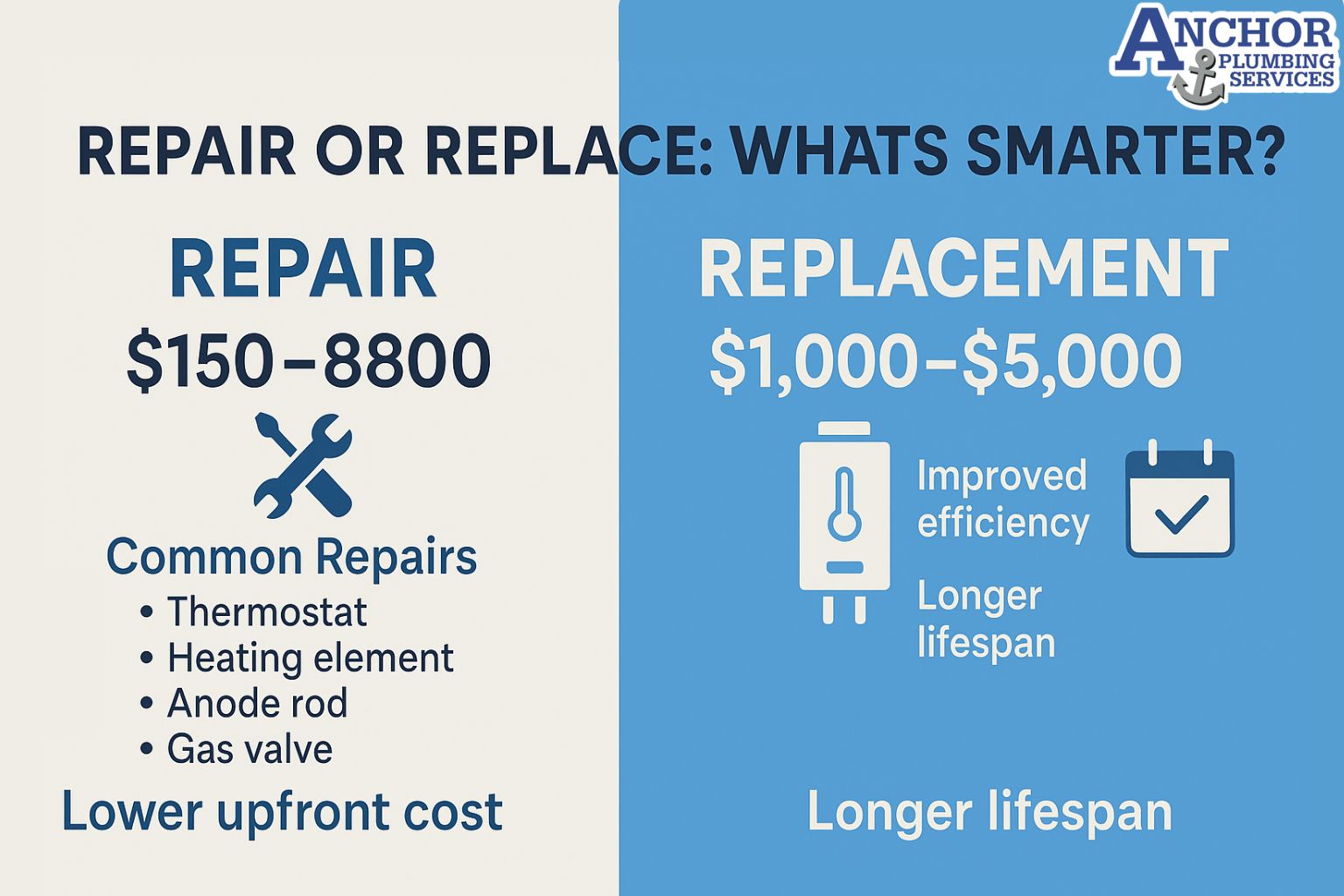 Visual comparison of water heater repair vs replacement costs and benefits.