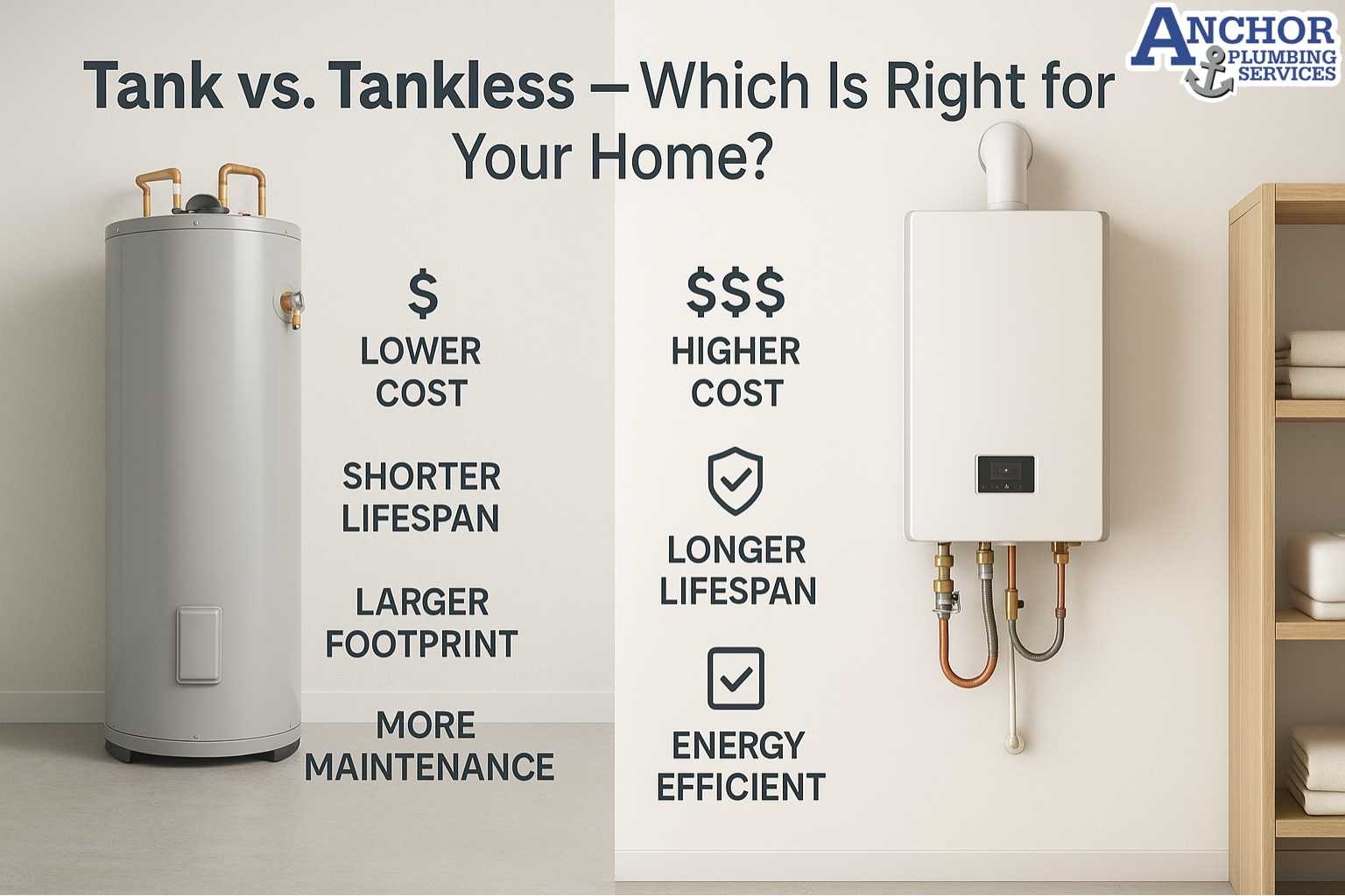 Side-by-side comparison of tank and tankless water heaters with cost and feature icons