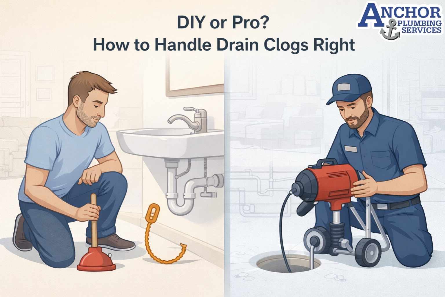 Split-screen illustration of a DIY homeowner and a professional plumber with their respective drain cleaning tools.