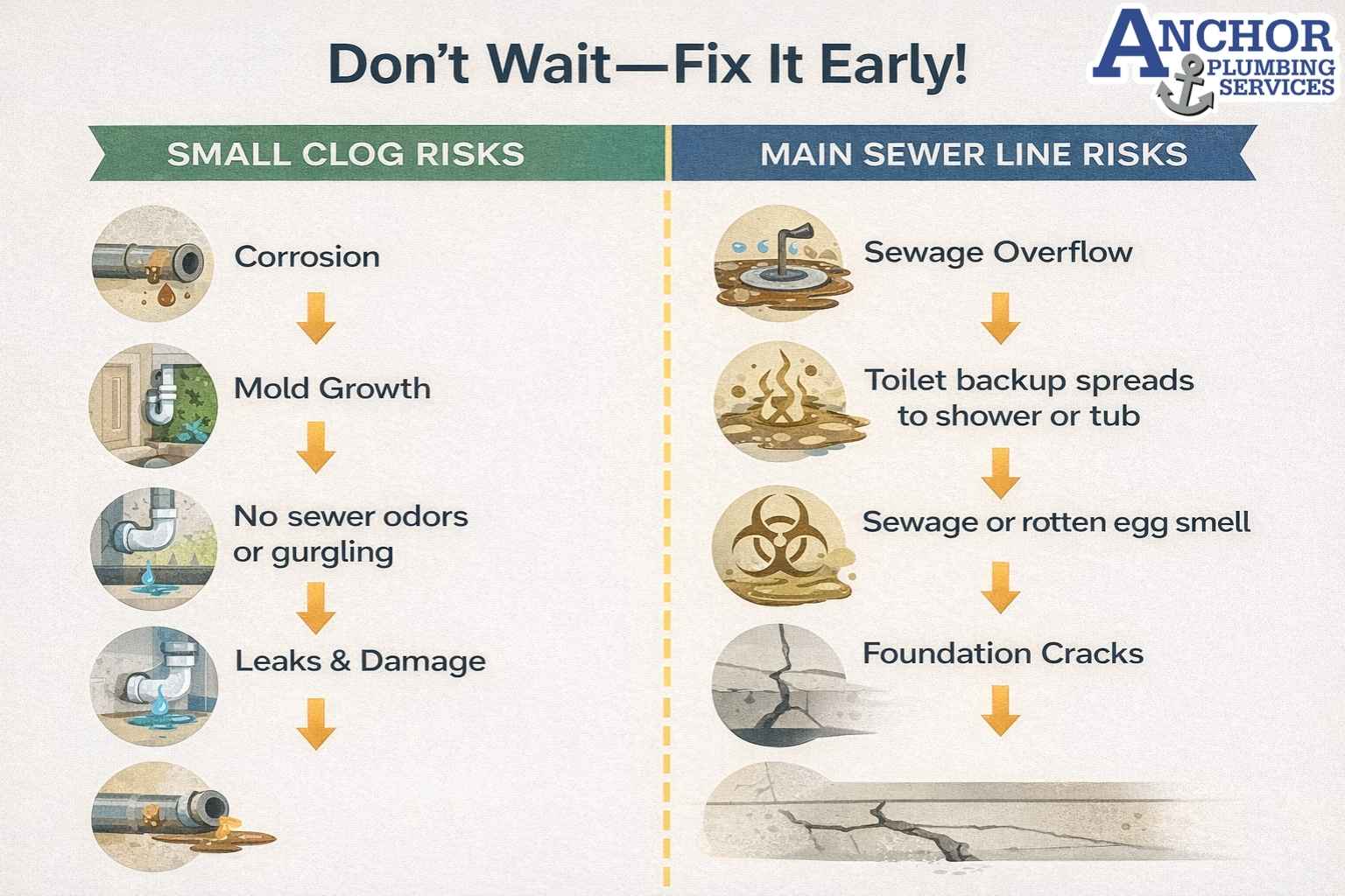 Diagram showing risks of ignoring different types of plumbing clogs