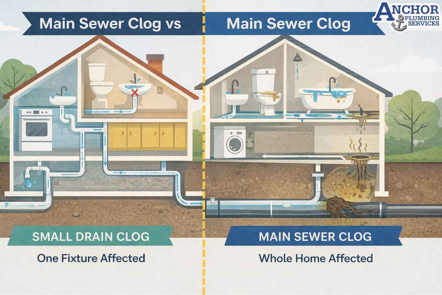 Plumbing system comparison showing small clog vs sewer line clog