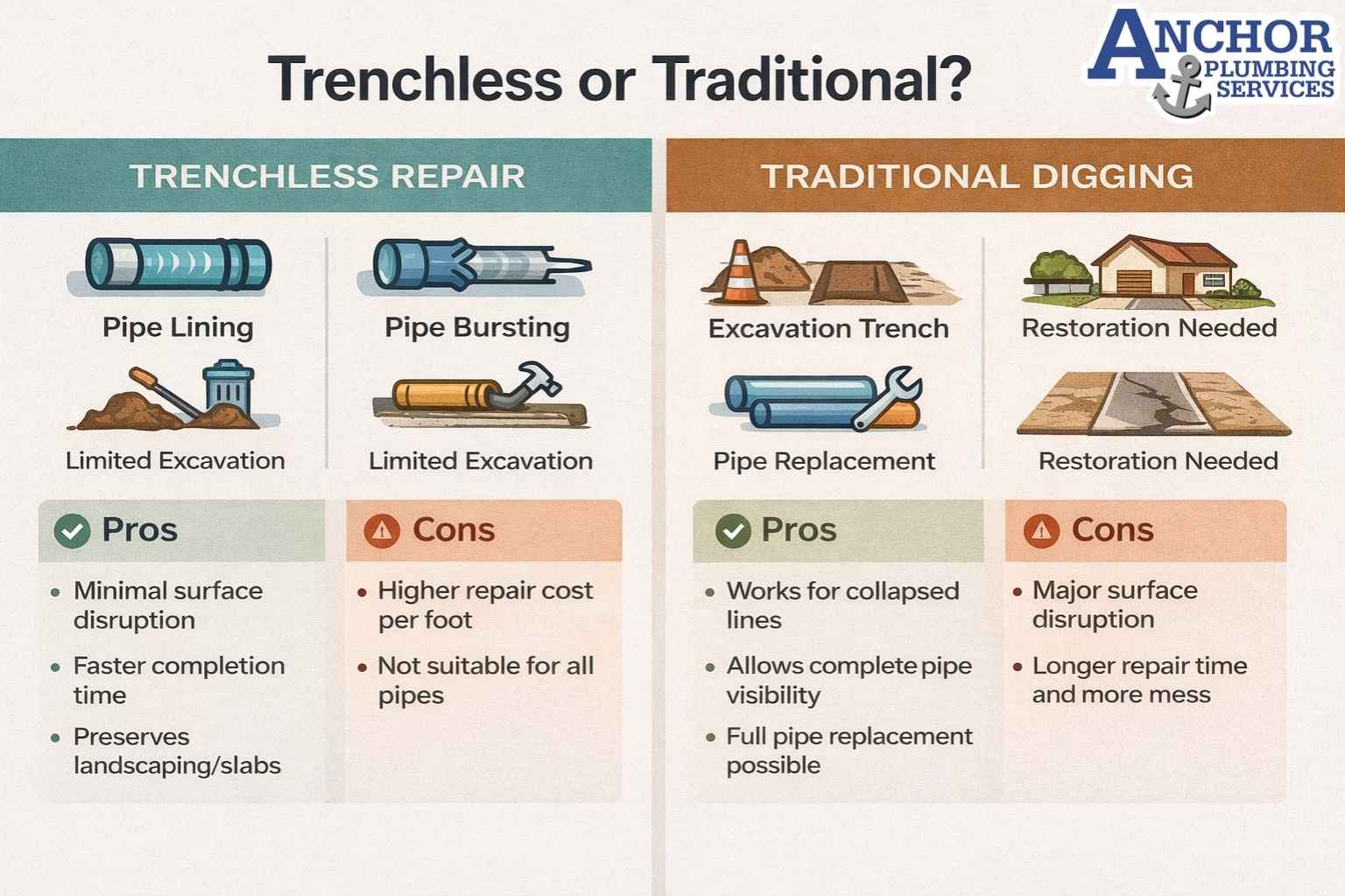 Side-by-side comparison of trenchless and traditional sewer repair