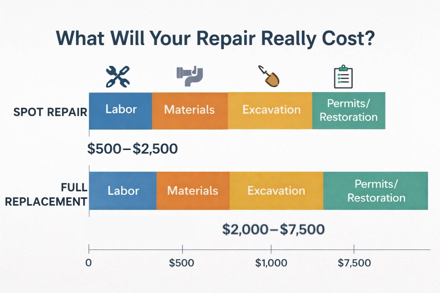Water line repair cost comparison chart with cost ranges and breakdowns