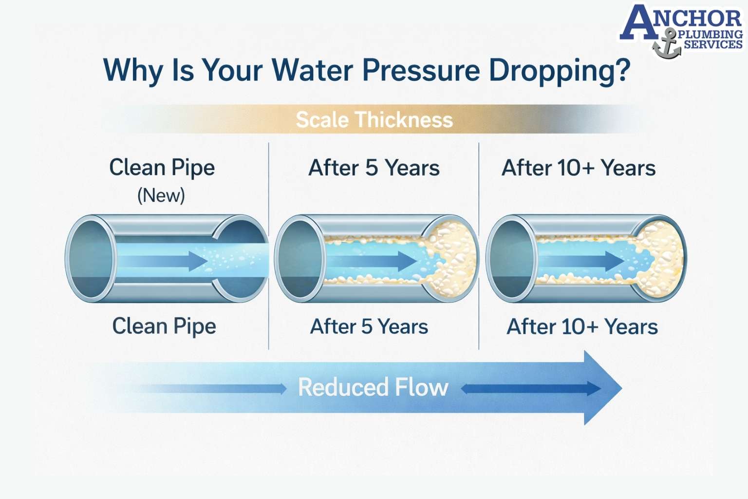 Diagram of pipe cross-sections showing scale buildup.