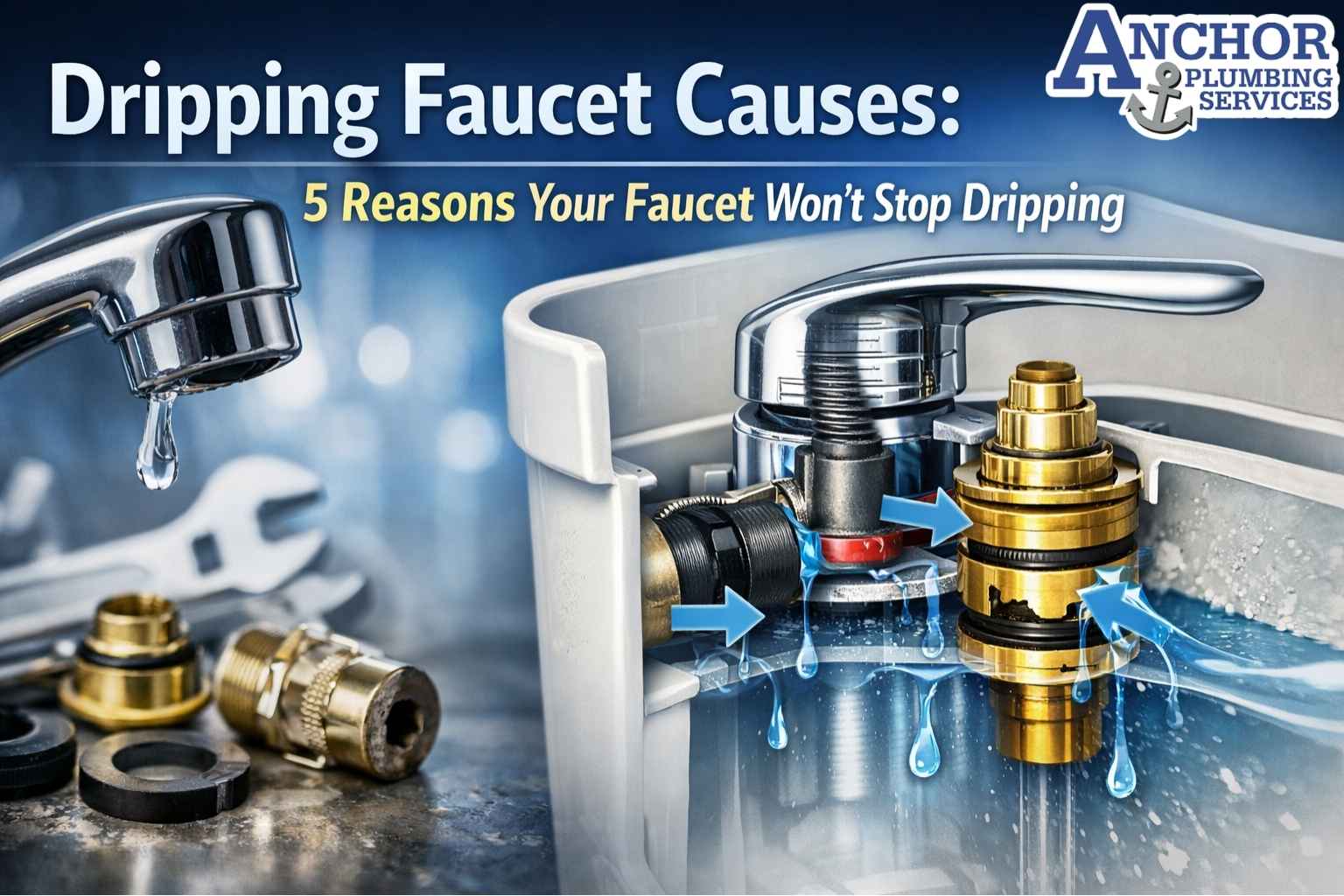 Diagram of faucet showing internal components and leak points