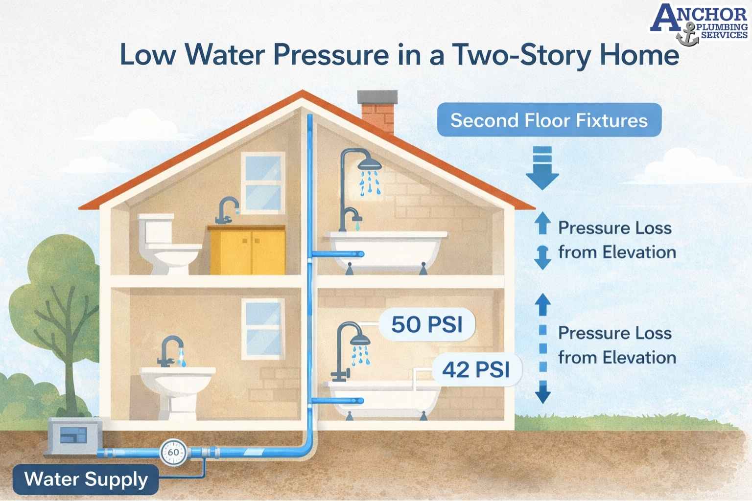 Diagram showing water pressure loss as water travels from the main supply to second floor plumbing.