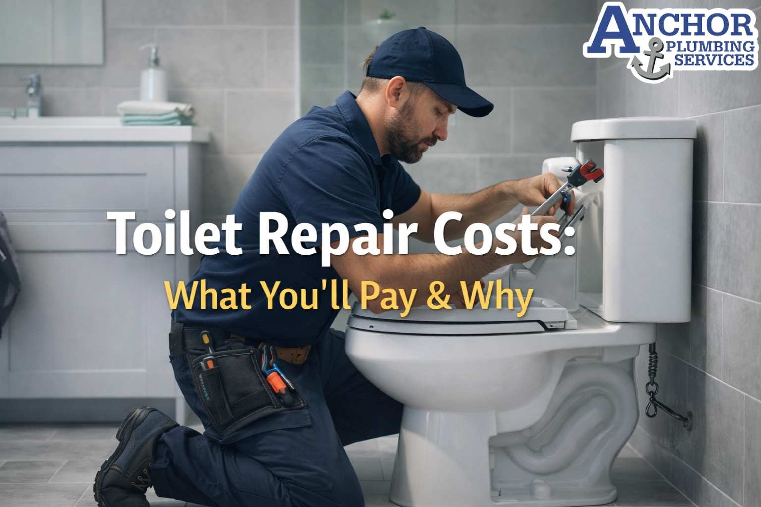Plumber repairing a toilet with cost and repair indicators