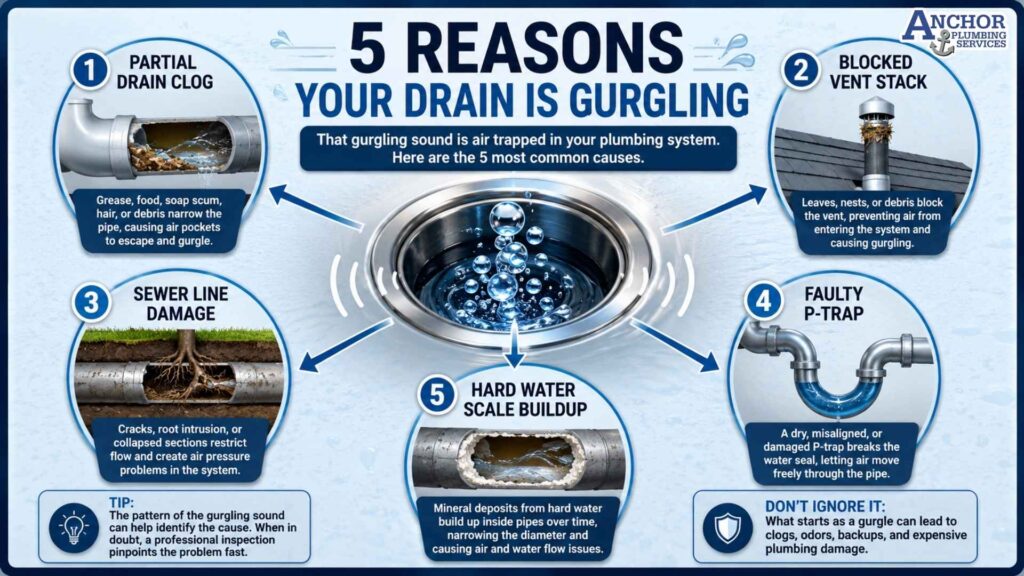 Diagram showing the five common causes of drain gurgling