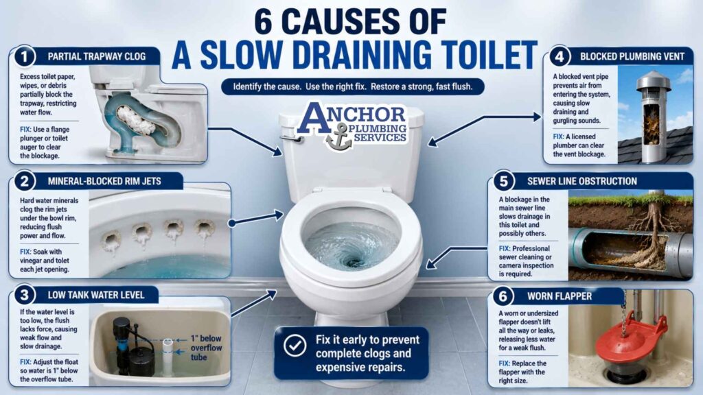 Six common causes of slow toilet drainage