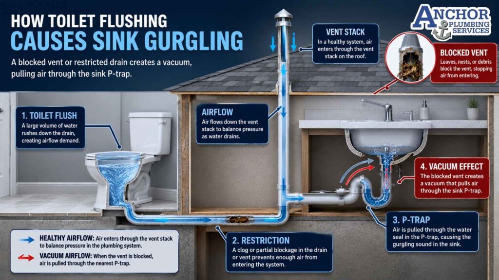 Plumbing airflow diagram showing toilet flush affecting sink drain