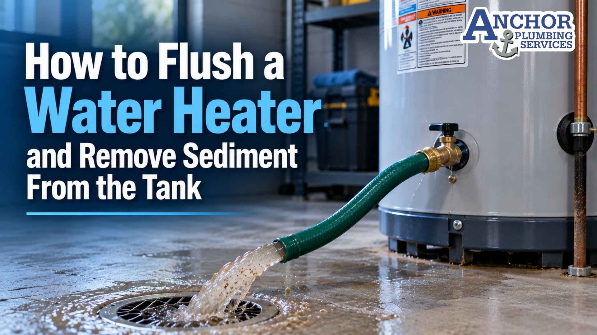 Water heater being flushed through a hose to remove sediment